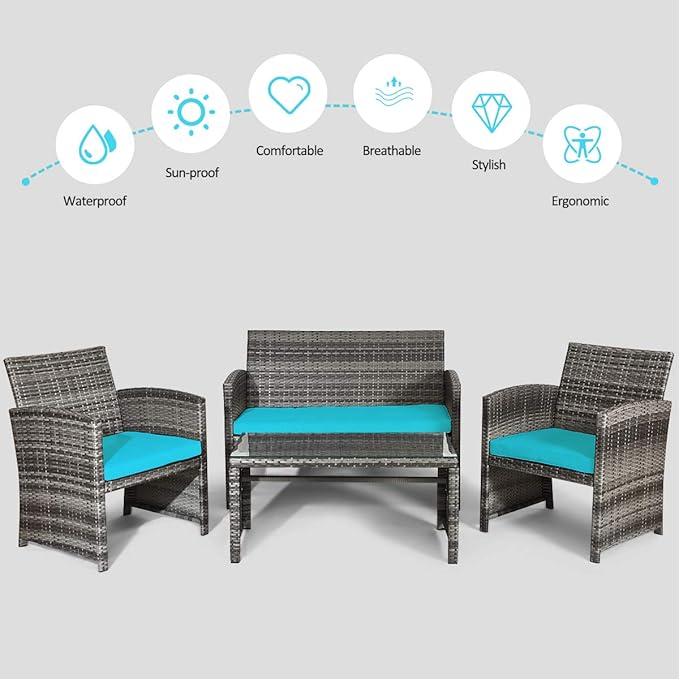 COSTWAY Patio Furniture Set 4 Pieces, Outdoor Wicker Chairs Sofa w/Coffee Table and Soft Cushions, Rattan Conversation Sets for Patio Lawn Backyard Yard Pool Garden, Turquoise