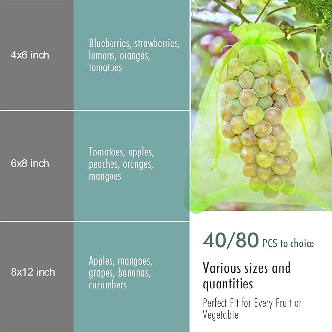 Fruit Protection Bags, Fetanten 80 PCS 4 x 6 Inch Mesh Drawstring Bag for Fruit Trees, Small Green Garden Fruit Plant Netting Cover Bag Protect Strawberry Blueberry Tomato from Bird Insect Pest