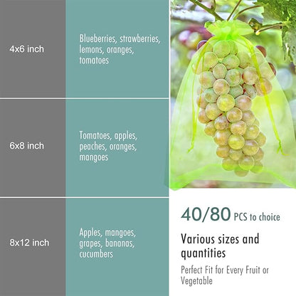 Fruit Protection Bags, Fetanten 40 PCS 4 x 6 Inch Mesh Drawstring Bag for Fruit Trees, Small Green Garden Fruit Plant Netting Cover Bag Protect Strawberry Blueberry Tomato from Bird Insect Pest