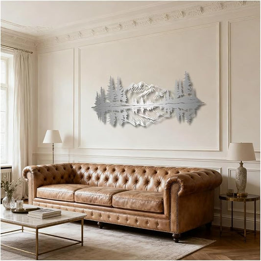 Mountain View Metal Wall Art,Nature Landscape Home Decor with Reflection,Black Iron Sculpture for Bedroom Garden Living Room Outdoor Office(Silver,59 x28 in/150x70 cm)