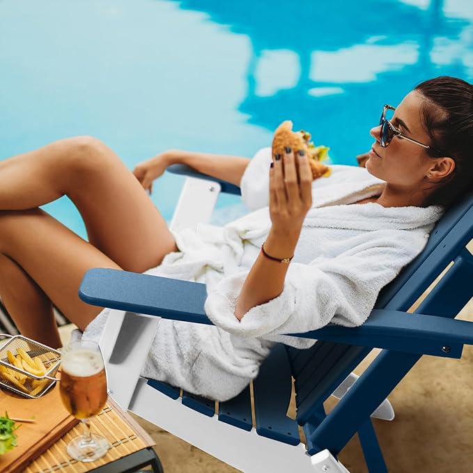 FUNBERRY Folding Adirondack Chair Set of 2, Blue & White All Weather HDPE Fire Pit Chairs with Cup Holder for Outdoor