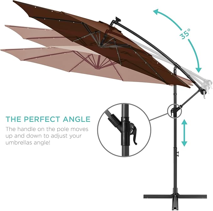 Best Choice Products 10ft Solar LED Offset Hanging Market Patio Umbrella for Backyard, Poolside, Lawn and Garden w/Easy Tilt Adjustment, Polyester Shade, 8 Ribs - Brown