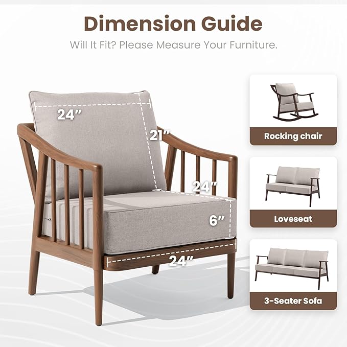 Outdoor Chair Cushions, 6 Inch Thick Patio Seat & Back Cushions Set with Removable Cover, Waterproof Patio Cushions for Outdoor Furniture, 24 x 24 Inch, Beige 4-Set