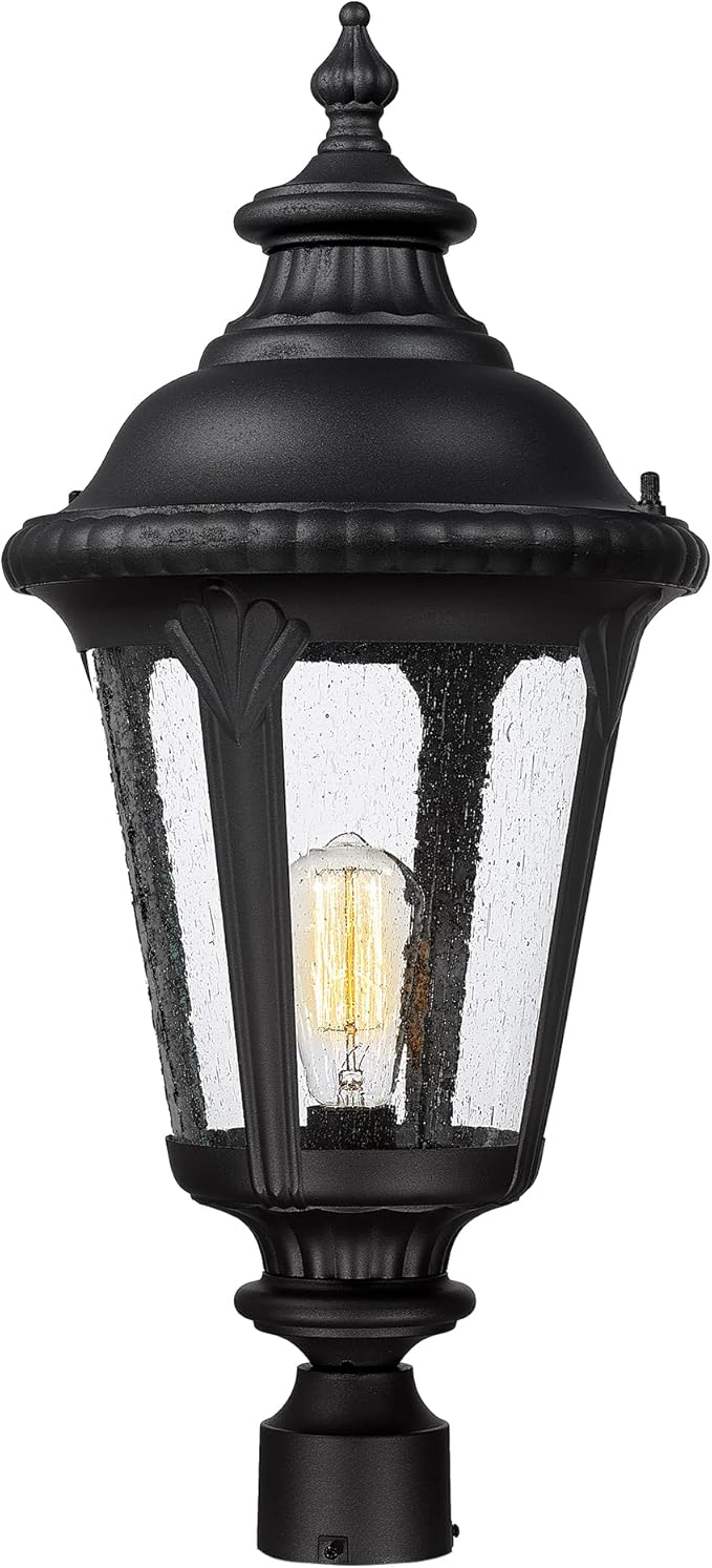 Emliviar 25 Inch Outdoor Post Light for House, Vintage Exterior Pole Lantern Light Fixture, Black Finish with Seeded Glass Shade, XE265P BK