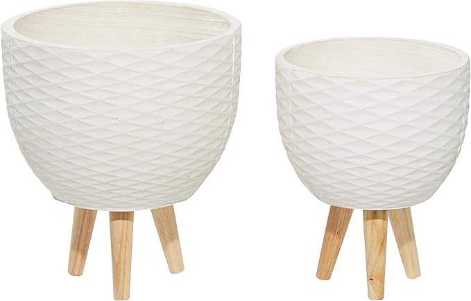Deco 79 Ceramic Geometric Indoor Outdoor Planter Diamond Patterned Large Planter Pot with Wood Tripod Legs, Set of 2 Planters 16", 14"H, White