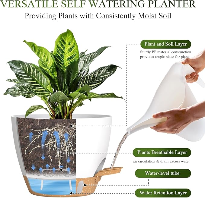 Self Watering Pots with Drainage Holes, 3 Pack 12/10/8 Inch Plant Pots with Water Level Indicator Deep Reservoir, Large Plastic Planter for Indoor Outdoor Plants - White Brown