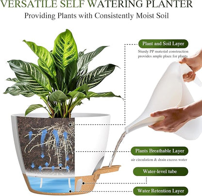 Self Watering Pots with Drainage Holes, 3 Pack 12/10/8 Inch Plant Pots with Water Level Indicator Deep Reservoir, Large Plastic Planter for Indoor Outdoor Plants - White Brown