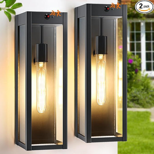 15.3" Large Motion Sensor Exterior Wall Light Sconces 2-Pack, Waterproof Dusk to Dawn Black Exterior Lighting Fixtures Wall Mount with 3 Lighting Mode, Outdoor Porch Coach Light for Garage House