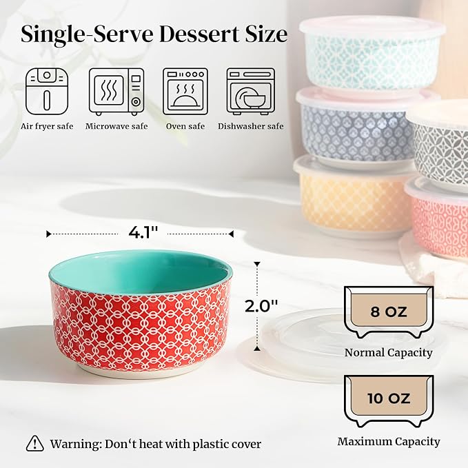 DOWAN 8 oz Ramekins with Lids Oven Safe for Creme Brulee, Ceramic Custard Cups for Baking, Porcelain Souffle Dishes, Small Bowls for Pudding Dip Sauces Charcuterie Dessert, Set of 6, Vibrant Colors