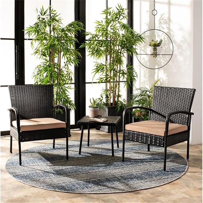 SAFAVIEH Outdoor Collection Moore Black Rattan/Beige Cushion 3-Piece Patio Lounge Bistro Set with Table (PAT9009A)