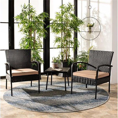 SAFAVIEH Outdoor Collection Moore Black Rattan/Beige Cushion 3-Piece Patio Lounge Bistro Set with Table (PAT9009A)