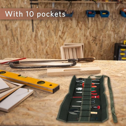 Tool Roll Up Pouch, Tool Rolls Bags Heavy Duty Canvas Roll-up Bonsai Tool Storage Bag with 10 Pockets for Garden Pockets Tool Roll Organizer