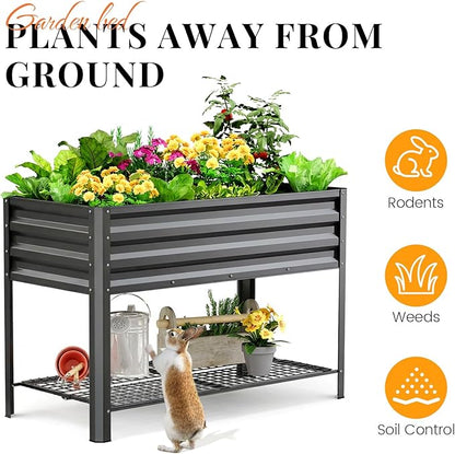 KING BIRD Large Raised Garden Bed with Legs & Storage Shelf Galvanized Elevated Planter Box for Backyard, Patio, Balcony, 400lb Capacity, Dark Grey 48×24×31.5 in
