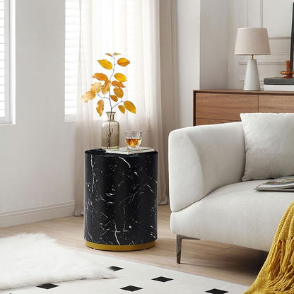 kevinplus BlackRound Coffee Table Side End Table Set of 2 for Living Room, Modern Contemporary Circle Drum Style, Gold Rim Bottom & Faux Marble Grain, No Assembly (Black, 2-Pcs)