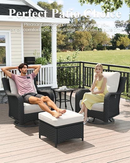 LayinSun 5 Piece Wicker Outdoor Furniture Set with 6-inch Comfy Cushions, High Back Patio Furniture Set with Swivel Rocking Chairs and Side Table