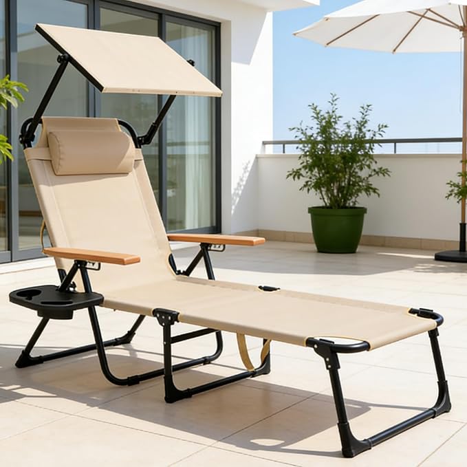 Folding Lounge Chair with Canopy, Tanning Chair with 4-Position Reclining Back, Folding Sun Lounger, Outdoor Lounge Chair for Beach, Poolside, Backyard, Camping, UPF 50+ Sun Shade, 300 LBS