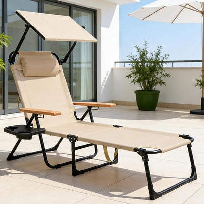 Folding Lounge Chair with Canopy, Tanning Chair with 4-Position Reclining Back, Folding Sun Lounger, Outdoor Lounge Chair for Beach, Poolside, Backyard, Camping, UPF 50+ Sun Shade, 300 LBS