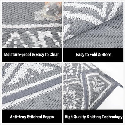 HUGEAR Outdoor Rug 9'x12' Patio Waterproof Mat Camping Carpet Outside Area Rug Reversible Grey Rugs for RV Deck Entryance Porch Picnic Balcony Beach
