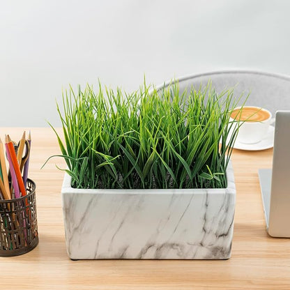 MyGift 10 Inch Artificial Green Grass Plant in Rectangular White Marble Pattern Ceramic Planter Pot
