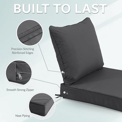19x19 Inch Patio Chair Cushions Set of 2, Outdoor Furniture Cushions - Removable Cover, Water-Repellent, Fade-Resistant, Non-Slip Bottom & Straps, Replacement for Lawn, Porch & Deck Chair - Dark Grey