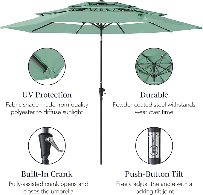 Best Choice Products 10ft 3-Tier Market Patio Umbrella, Outdoor Sun Shade with Tilt, Crank Lift, 8 Ribs for Backyard, Deck, Poolside – Seaglass