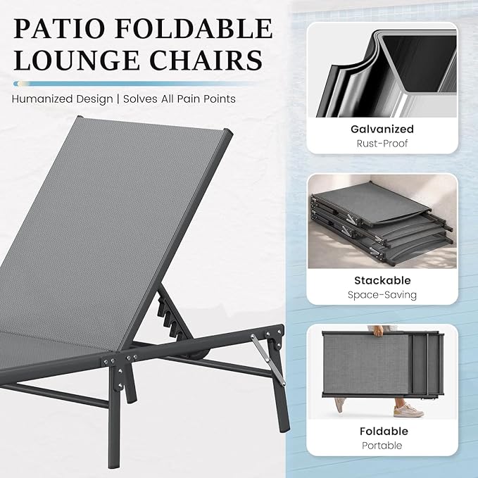 UDPATIO Foldable Patio Lounge Chair Set of 3 No Assembly Outdoor Chaise Lounge with Side Table