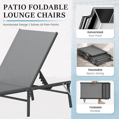 UDPATIO Foldable Patio Lounge Chair Set of 3 No Assembly Outdoor Chaise Lounge with Side Table