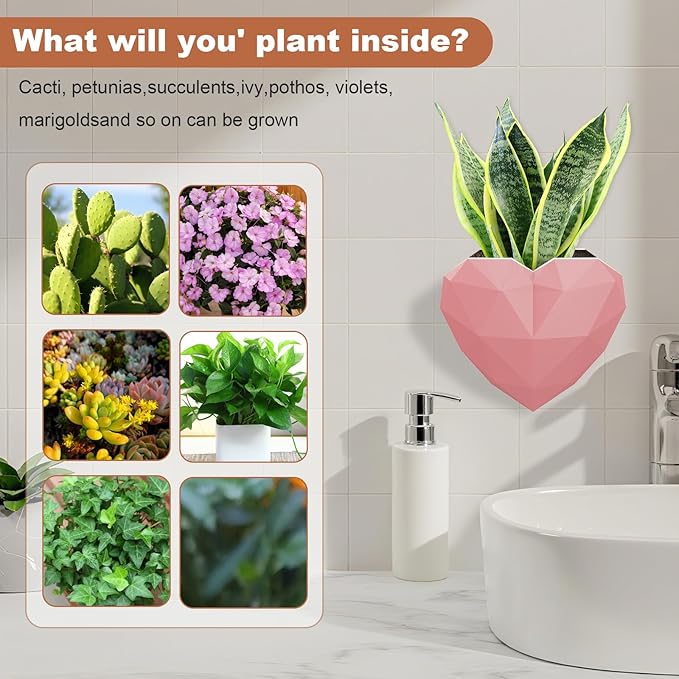 6-Inch Pink Heart Shaped Self-Watering Wall Planter, PLA 3D Printed Wall Mount Planter with Drainage, Space-Saving Indoor Outdoor Planter for Succulents Herbs, Home Office Decor