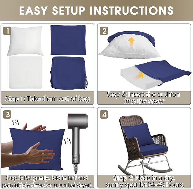 Outdoor Seat Cushion Set 24 x 24 In, Water-Resistant & Fade-Resistan, Patio Furniture Cushions with Removable Cover Deep Seat & Back Cushion with Handle and Adjustable Straps for Chair Sofa,1PC