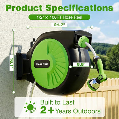Retractable Garden Hose Reel 100FT x 1/2 in, Wall Mount Water Hose Reel for Outside with Auto Rewind, Tangle-Free Guide, 180° Swivel Bracket, Lock at Any Length, High-Pressure Flow, 10-Pattern Nozzle