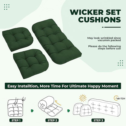 DANGHOOGY Wicker Chair Cushions, Waterproof Outdoor Loveseat Cushions for Patio Furniture, 3 Pieces Wicker Furniture Cushions, 1 Loveseat and 2 U-Shaped Cushions, Green