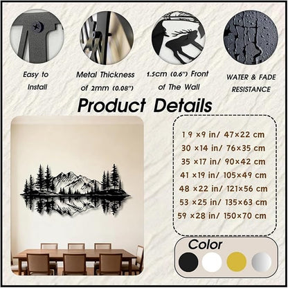 Mountain View Metal Wall Art,Nature Landscape Home Decor with Reflection,Black Iron Sculpture for Bedroom Garden Living Room Outdoor Office(White,48 x22 in/121x56 cm)