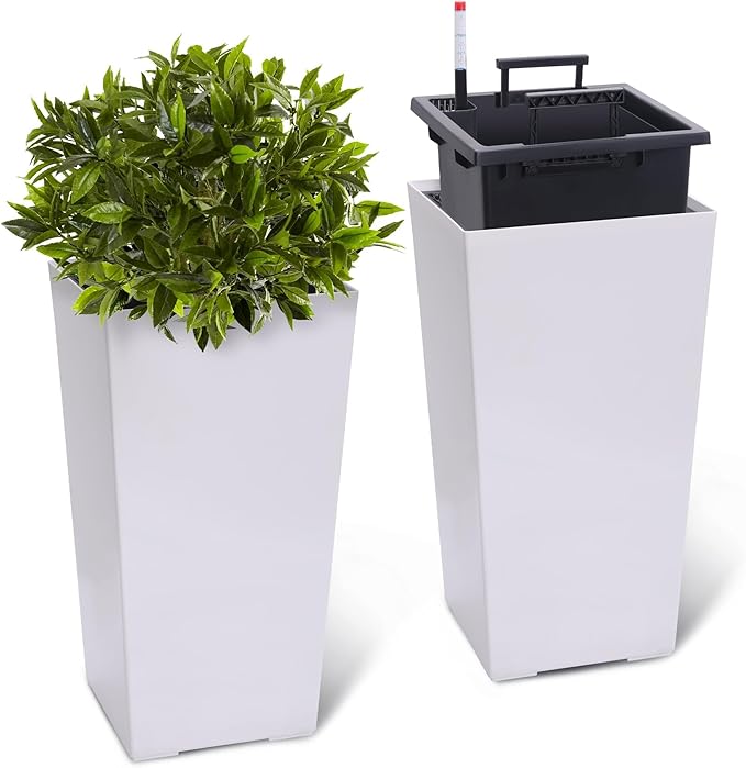 2 Pack Tall Self-Watering Planter Pots with Water Level Indicator, 12"l x 12"w x 22.5"h, Modern Flower Pots with Inner Bucket Handles and Water Injection Port for Indoor Outdoor Plants, White