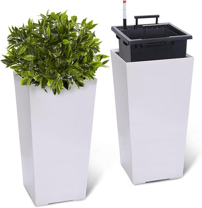 2 Pack Tall Self-Watering Planter Pots with Water Level Indicator, 12"l x 12"w x 22.5"h, Modern Flower Pots with Inner Bucket Handles and Water Injection Port for Indoor Outdoor Plants, White