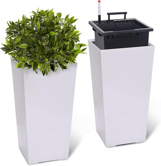 2 Pack Tall Self-Watering Planter Pots with Water Level Indicator, 12"l x 12"w x 22.5"h, Modern Flower Pots with Inner Bucket Handles and Water Injection Port for Indoor Outdoor Plants, White