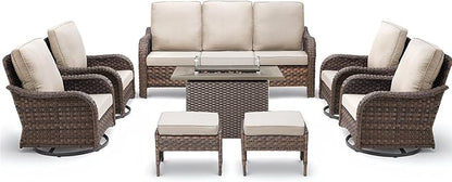 Patio Furniture Set with 42.5" Fire Pit Table-8 Pieces All Weather Wicker Outdoor Furniture with High Back Swivel Patio Chairs Set of 2 Outdoor Couch for Deck Balcony Backyard Brown/Beige