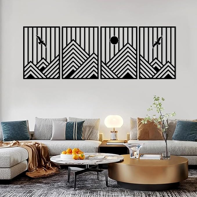 ESTART 4 Pcs Metal Mountain Wall Art, Minimalist Decor Single Line Art Wall Decor, Nature Abstract Line Minimalist Wall Art for Living Room Bedroom Bathroom Study Room (Black)