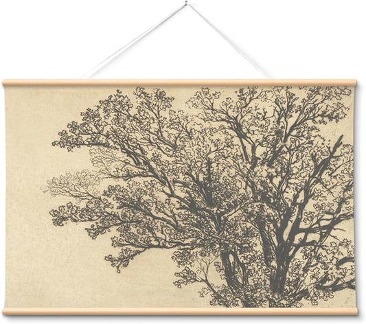 VIYYIEA Extra Large Canvas Wall Art 36x54 Inch Vintage Tree Sketch Landscape Hanging Scroll, Rustic Nature Wall Decor Oversized Artwork for Living Room Bedroom Above Sofa