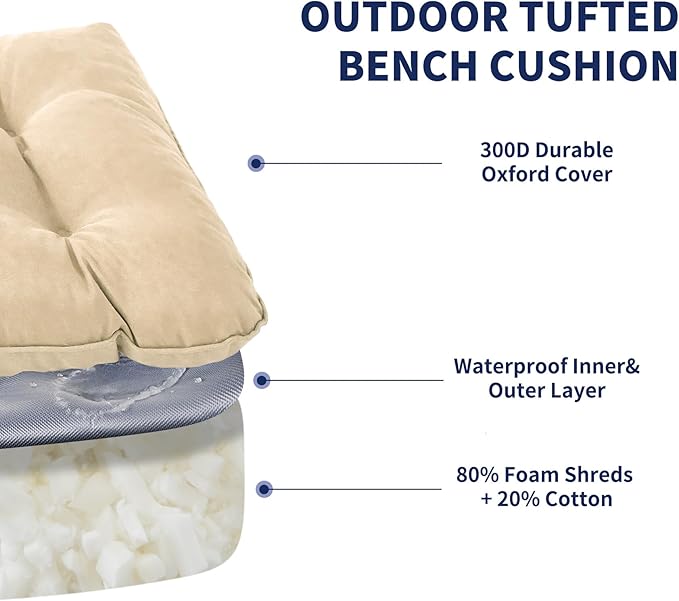 IPYNBAP Outdoor Bench Cushion, 59x18x5 Inch, Waterproof Bench Cushion for Outdoor/Indoor Furniture, Tufted Patio Bench Seat Cushion, Fade Resistant Outdoor Cushions for Porch Swing Couch, Beige