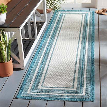 SAFAVIEH Washable Rug Outdoor Courtyard Collection - 2'3" x 6' Runner, Ivory & Teal, Non-Shedding & Easy Cleaning, Ideal for Patio, Entryway, Mudroom, Hallway, Kitchen (CY8475-53512)