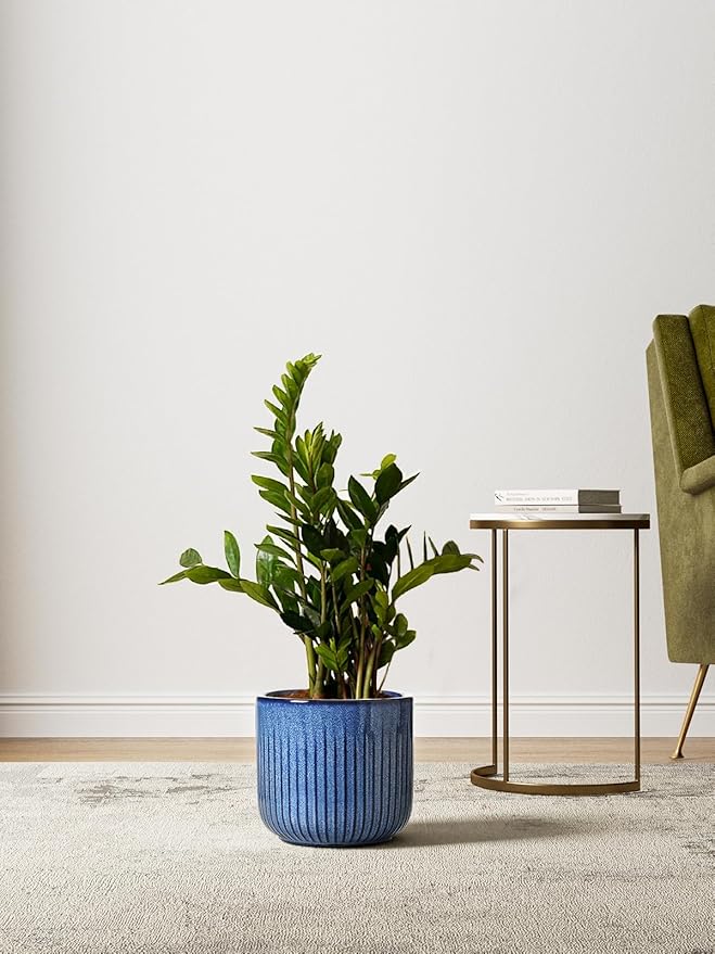 LE TAUCI Ceramic Plant Pots, 8.3/7/6 Inch Indoor Planters with Drainage Holes & Mesh, Modern Glossy Glaze Cylinder Fluted Flower Pot for Snake Plant, Set of 3, Harbor Blue