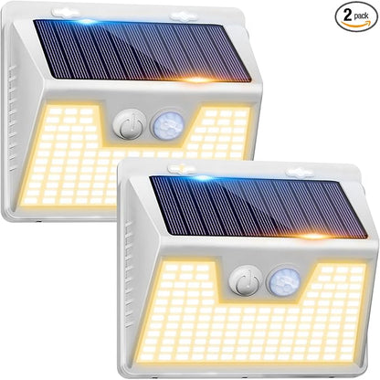 Peasur White Frame Solar Motion Sensor Lights Outdoor, 2 Packs 180LED Warm Solar Wall Lights Waterproof, 3 Modes Fence Security Lighting for Deck Yard Stairs Garden