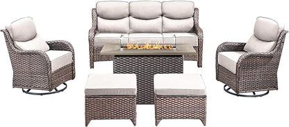 Luxury High Back Outdoor Furniture 6-Inch Thick Cushions with 50,000 BTU Gas Propane Fire Pit Tablet, Patio Furniture Set with Swivel Chairs, 6 PCS for Porch, Balcony, Deck and Yard