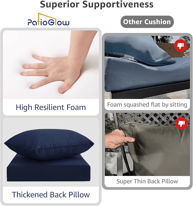 PatioGlow Outdoor Seat Cushion Set 24 x 24 x 4 Inch, Waterproof & Fade Resistant Patio Furniture Cushions with Removable Cover and Ties, Thick Deep Seating Pads for Outside Chair Sofa Couch, Dark Blue