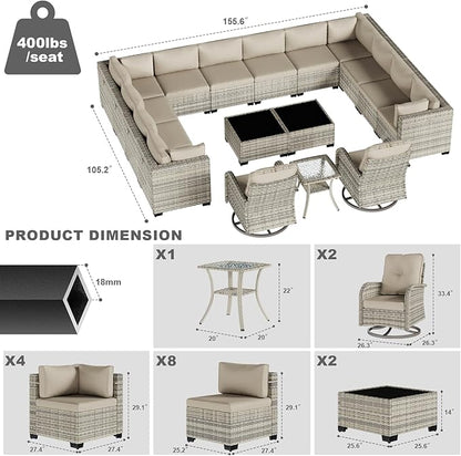 17-Piece Patio Furniture Set, Outdoor Patio Furniture with Swivel Chairs Set, Thick Cushions, Modular Patio Sofa, Dual-Strand Wicker Rattan, Rust-Resistant Frame, Khaki