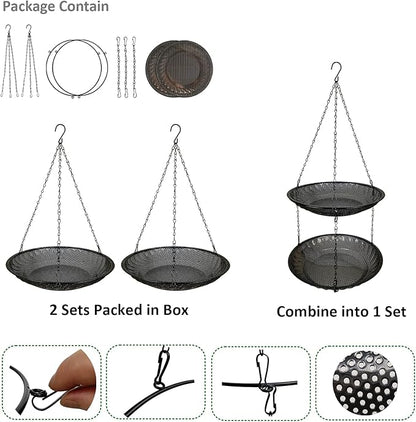 CQAIRIOU Premium Hanging Bird Feeder Tray(2 Set),Size 11.8” Large Platform Bird Feeder Metal Mesh Tray,Wild Bird Feeder for Outside Hanging Seed Platform,Combinable Style to Double Layer