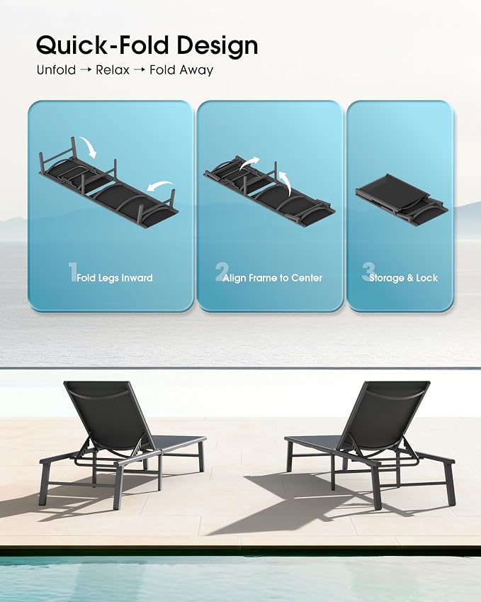Ciokea Foldable Outdoor Lounge Chair Set of 2, No Assembly Aluminum Chaise Lounge Outdoor with 5 Adjustable Positions, Pool Lounge Chairs with Portable Design for Pool, Beach, Deck, Patio, Black