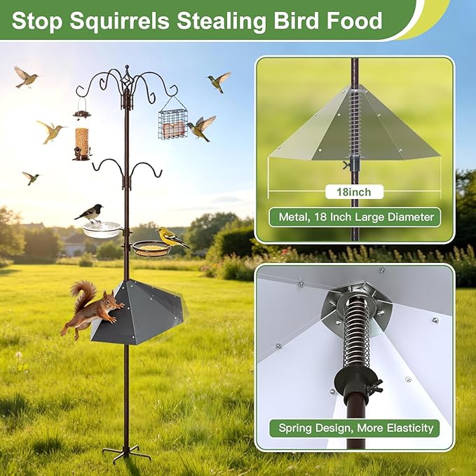 83" Bird Feeding Station Kit with Metal Squirrel Baffle, Heavy Duty Metal Bird Feeding Station with Seed Tray＆Mesh Basket, Easy Assembly Ground Mounted Bird Feeder Pole for Garden Yard Outdoor