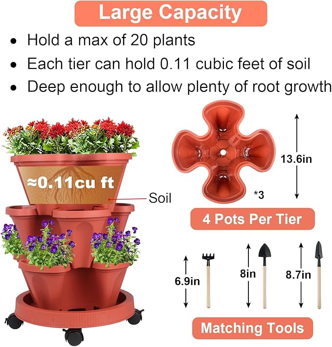 GameXcel Vertical Planter Tower- 3 Tier Stackable Garden Planter with Wheels and Tool Set – Grow Strawberries Herbs Flowers and Vegetables - Indoor Outdoor Use Red