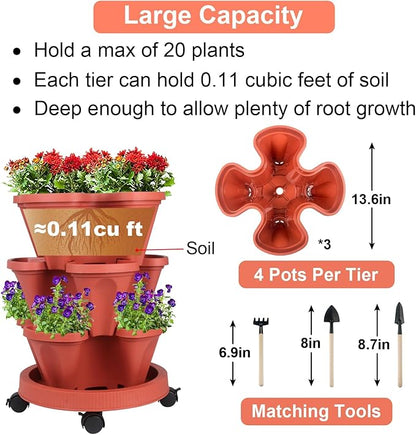 GameXcel Vertical Planter Tower- 3 Tier Stackable Garden Planter with Wheels and Tool Set – Grow Strawberries Herbs Flowers and Vegetables - Indoor Outdoor Use Red